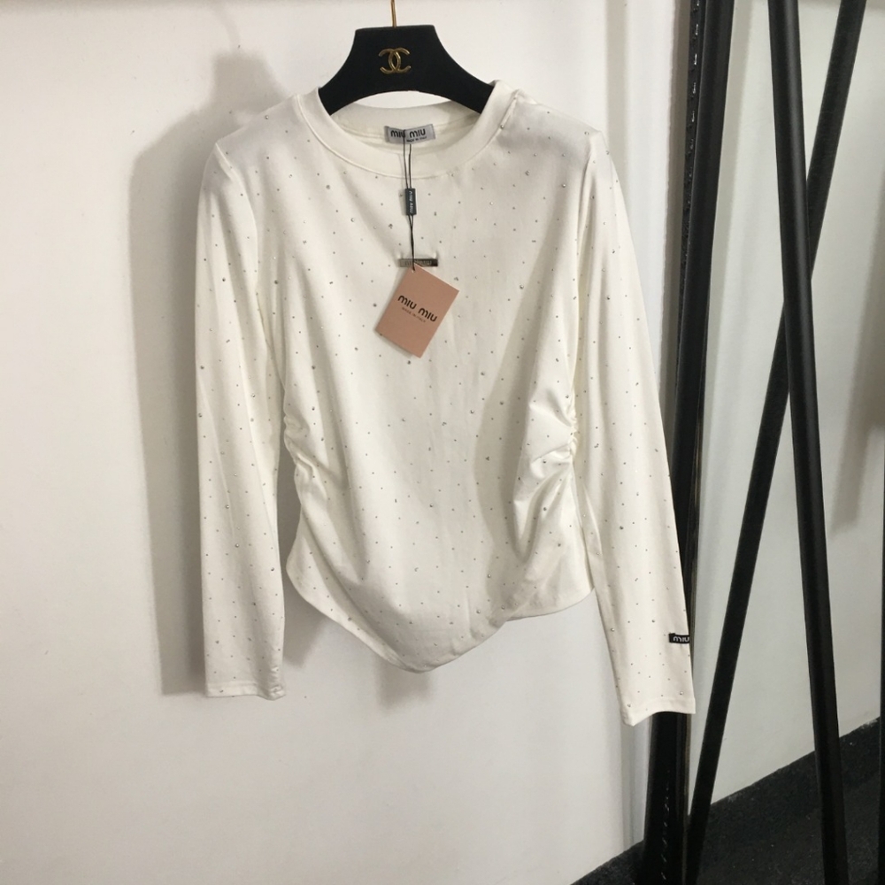 Miu miu long sleeved white T-shirt with diamonds